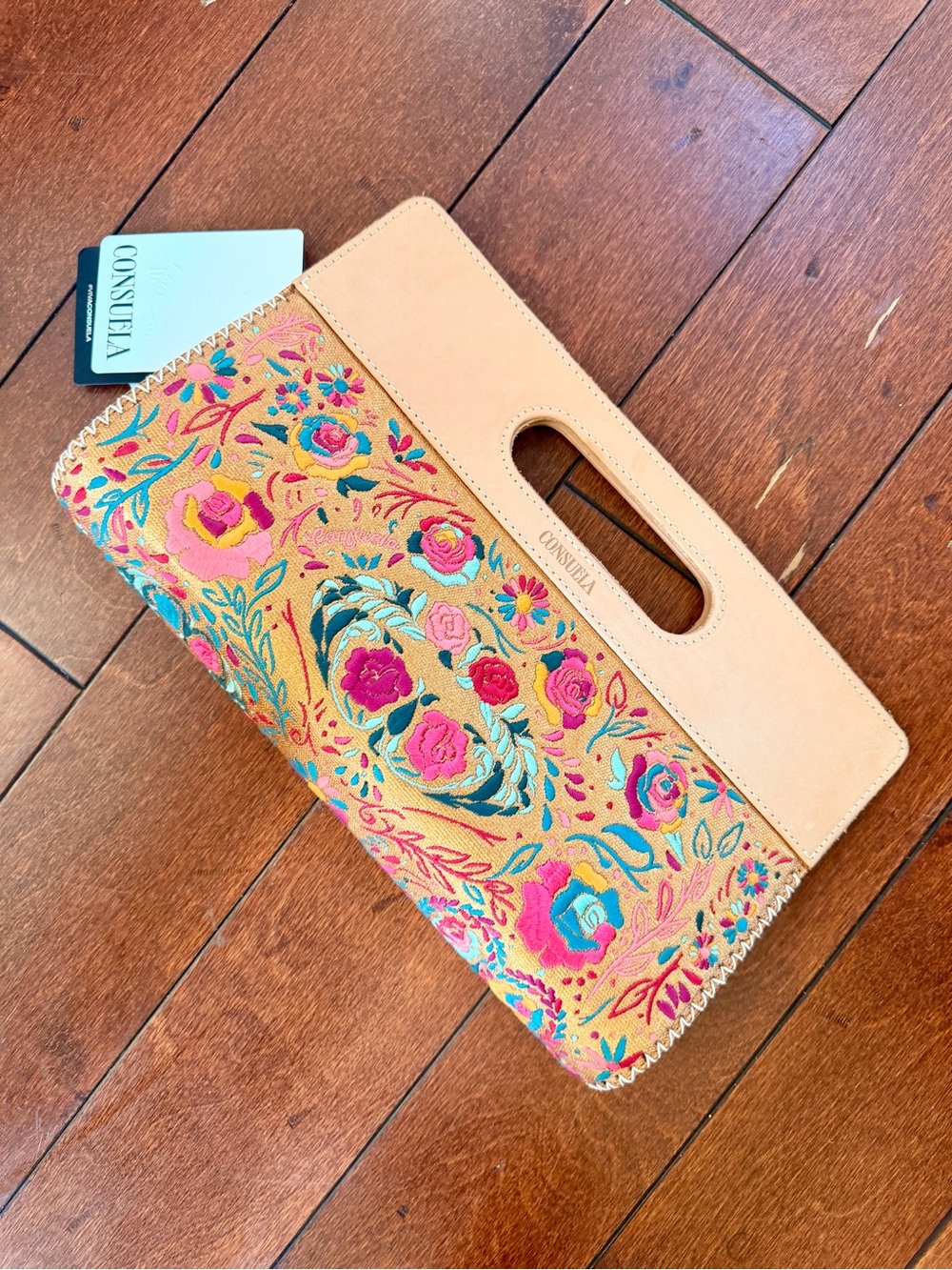 Consuela Tan Floral Embroidered Clutch with Pink & Teal Accents